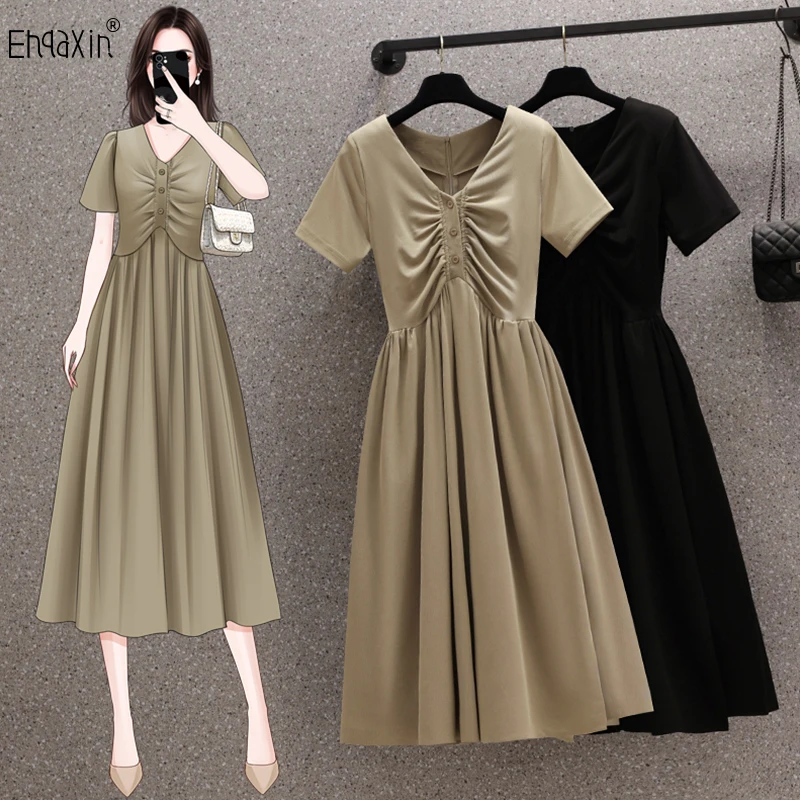 

EHQAXIN Women's Dress 2023 Summer New Simple V-Neck Fashion Buttons Draped A-Line Short Sleeve Dresses For Ladies M-4XL