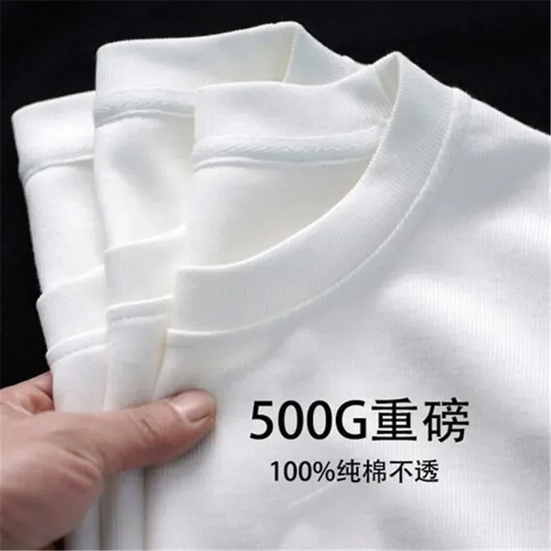 

Black White GSM 500g Heavy-duty Pure Cotton T-shirt Thickened Threaded Round Neck Short Sleeves Three Needle Half Sleeve Tees