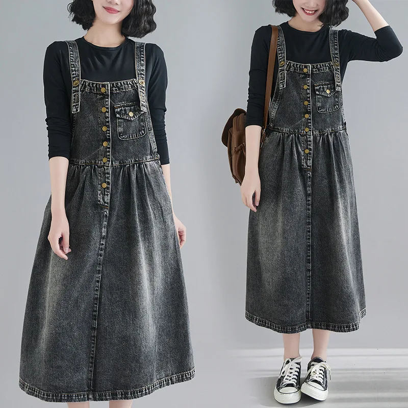 

Spring Vintage Single-breasted Sleeveless Spaghetti Strap Sundress Lady Casual Loose Midi Denim Dress Women Denim Overalls Dress