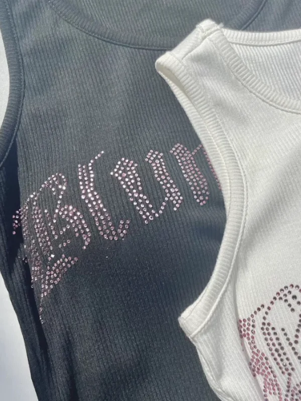 Summer New Sle Women's Slim Fit Tank Top Glitter Letter Embroidery No Sve Workwear Casual Versatile Strap Base Layer