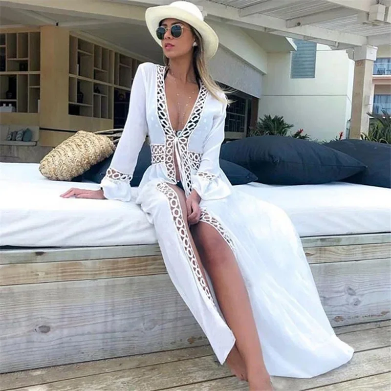 

2023 Crochet White Knitted Beach Cover up dress Tunic Long Pareos Bikinis Cover ups Swim Cover up Robe Plage Beachwear