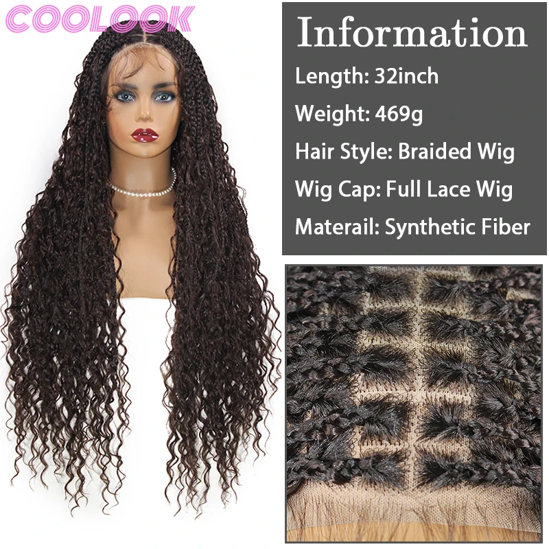 Synthetic Box Braided Full Lace Wigs 32'' Bohemian Goddess Square Part Braid Lace Front Wig Dark Brown Braids Wig with Curly End