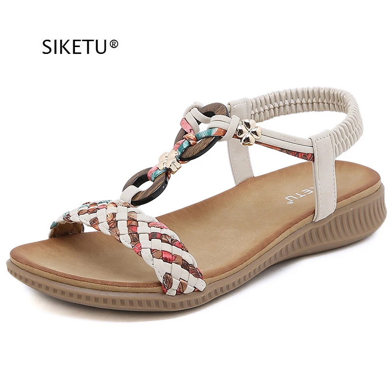 

Women Sandals weave Design Bohemia Flats Shoes Elastic Band Wedges Comfortable Summer Shoes Designer Sandals SIKETU Brand 2023