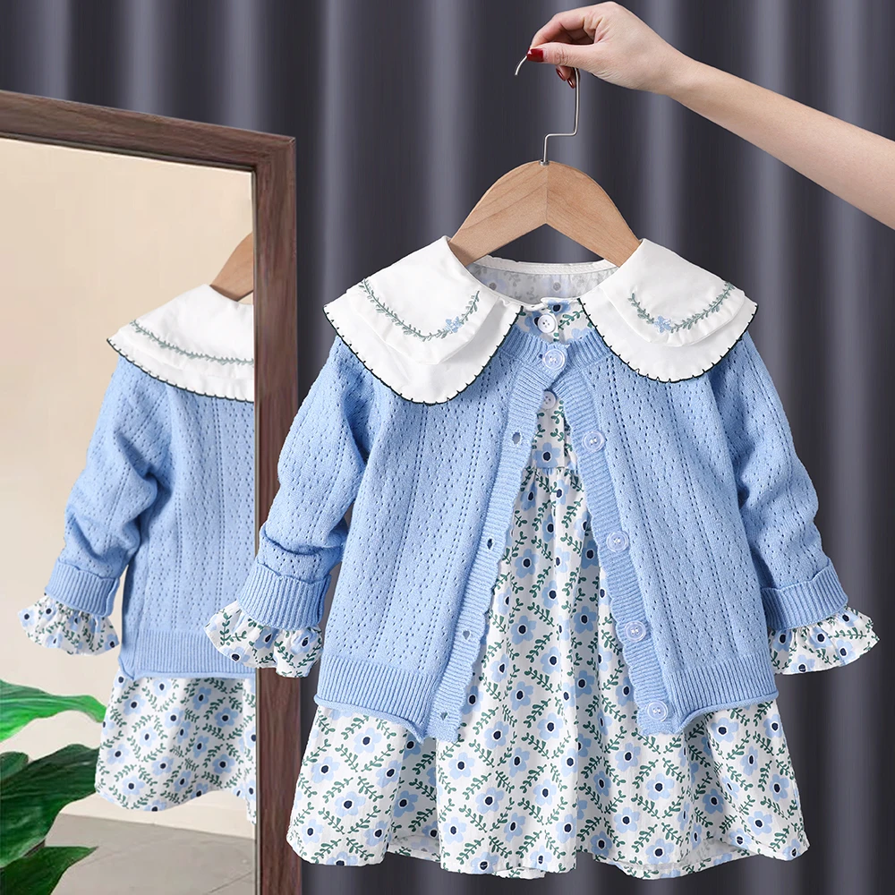 

Baby Girls Dress Set Embroidery Collar Long Sleeved Blue Floral Dress+ Knitted Cardigan 2PCS Suit Spring Fall Girl Princess Set
