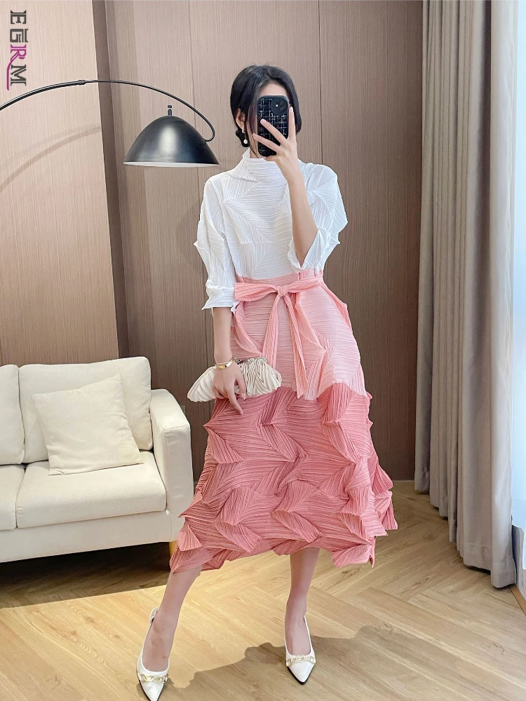 

EGRM Contrast Color Maxi Pleated Dress Turtleneck Full Sleeved with Belt Loose Folds Long Dresses for Women 2023 New 8RM6170