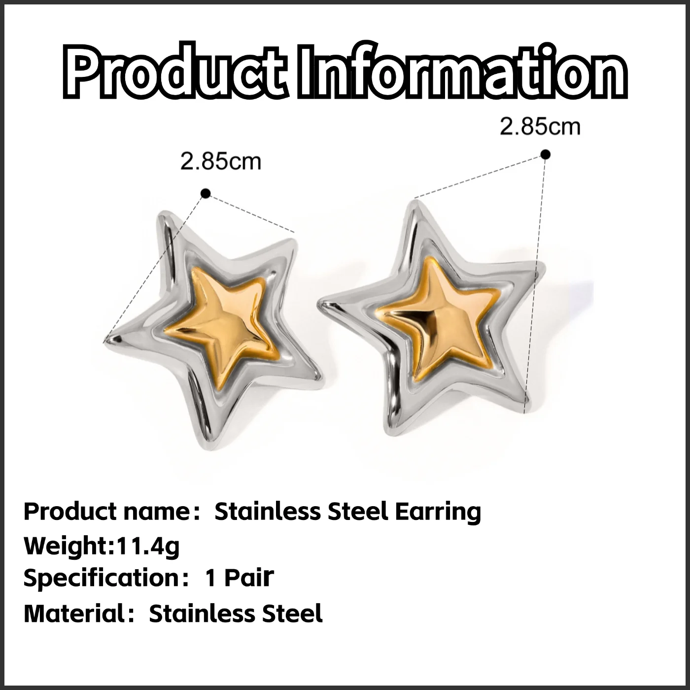 Star Stainless Steel Geometric Earrings Metal Smooth Temperament High Quality Polished Jewelry Waterproof 18K PVD Plated 6