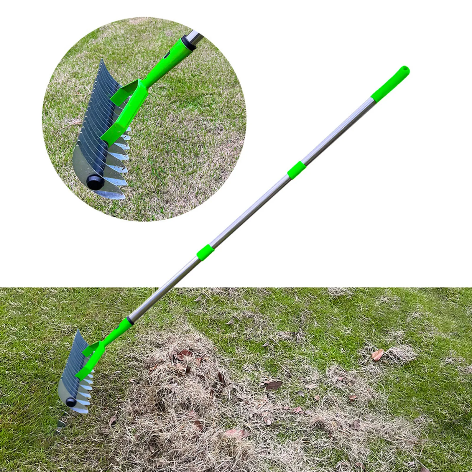 Thatch Rake 3 Sections Stainless Steel Dethatcher Lawn Rake Lawn Thatching Rake for Clearing Dead Grass 4