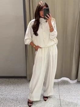 Casual Women's Coat Set Stand Collar Full Sleeve Coats Straight Loose Pants Female White Sets 2026 Spring Fashion New Lady Suit 1