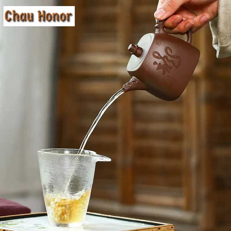 280ml Yixing Raw Ore Purple Mud Handmade Carving Ssangyong Zisha Teapot Household Chinese Kung Fu Teaset Tea Ceremony Drinkware