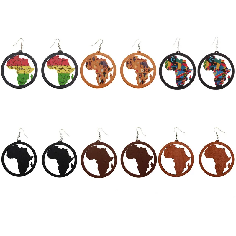 Wood africa map printing round earring vintage party african afro jewelry wooden diy club gift