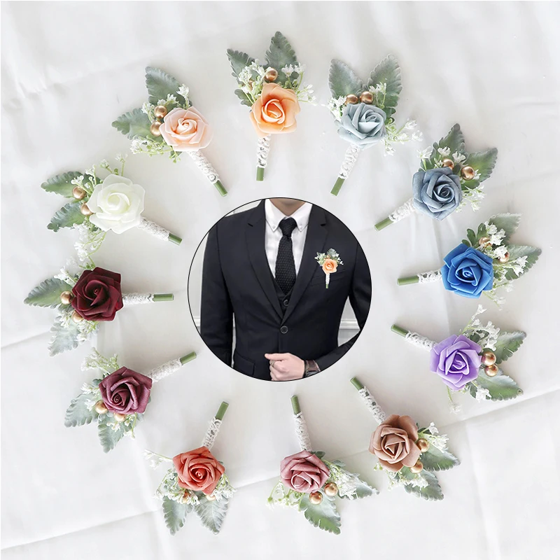Broches de Corsage de mariage à fleurs coréennes, boutons, blanc, rose, pour marié, accessoires pour homme, témoin de mariage