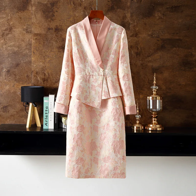 

2023 Spring and Autumn New Workplace Elegant Luxury Printing Intellectual Fake Two Piece Suit Dress Slim Fit Panel Ruffle Skirt