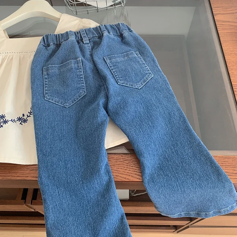 Girls Autumn Embroidered Blouse and Jeans 2Pcs Suit