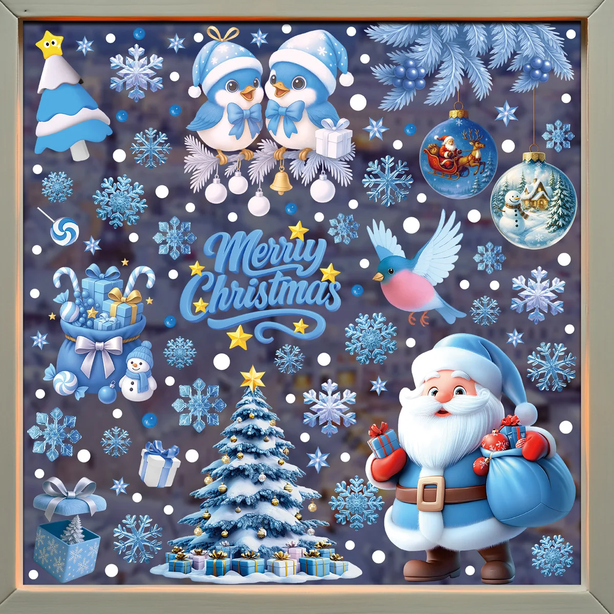 Blue Series Christmas Static Cling Stickers Bells Reindeer Santa Snowflakes Snowman Double Sided Visibility Glass Decals