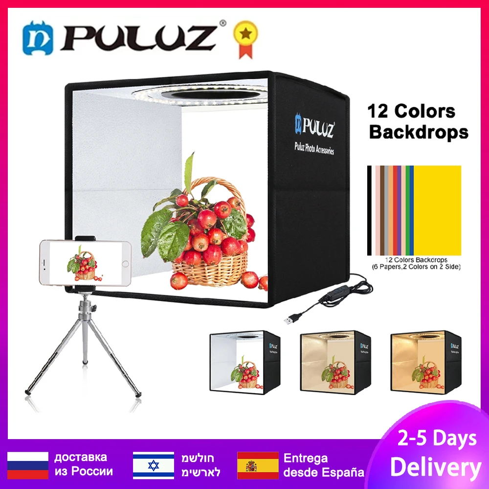 Puluz Photo Studio Light Box,Photo Shooting Tent Box Kit,Photography Lightbox With 6/12 Backdrop LED Light High CRI 95 Soft Box