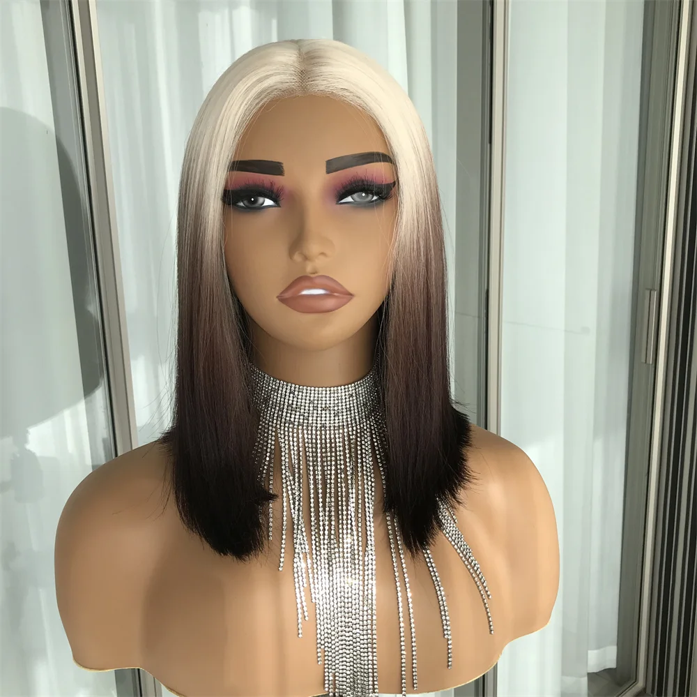 Blond to Brown Short Bob Wear and Go Glueless Wig Synthetic Lace Wigs for Women Pre Cut Pre Plucked 14inch for Daily Use