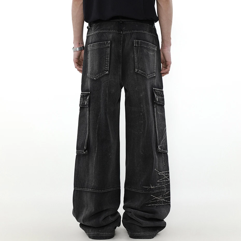 Loose Wide Leg Denim Pants Men Black Baggy Jeans Embroidery Multi Pocket Oversized Cargo Jeans Hip Hop Streetwear Man Jeans 4