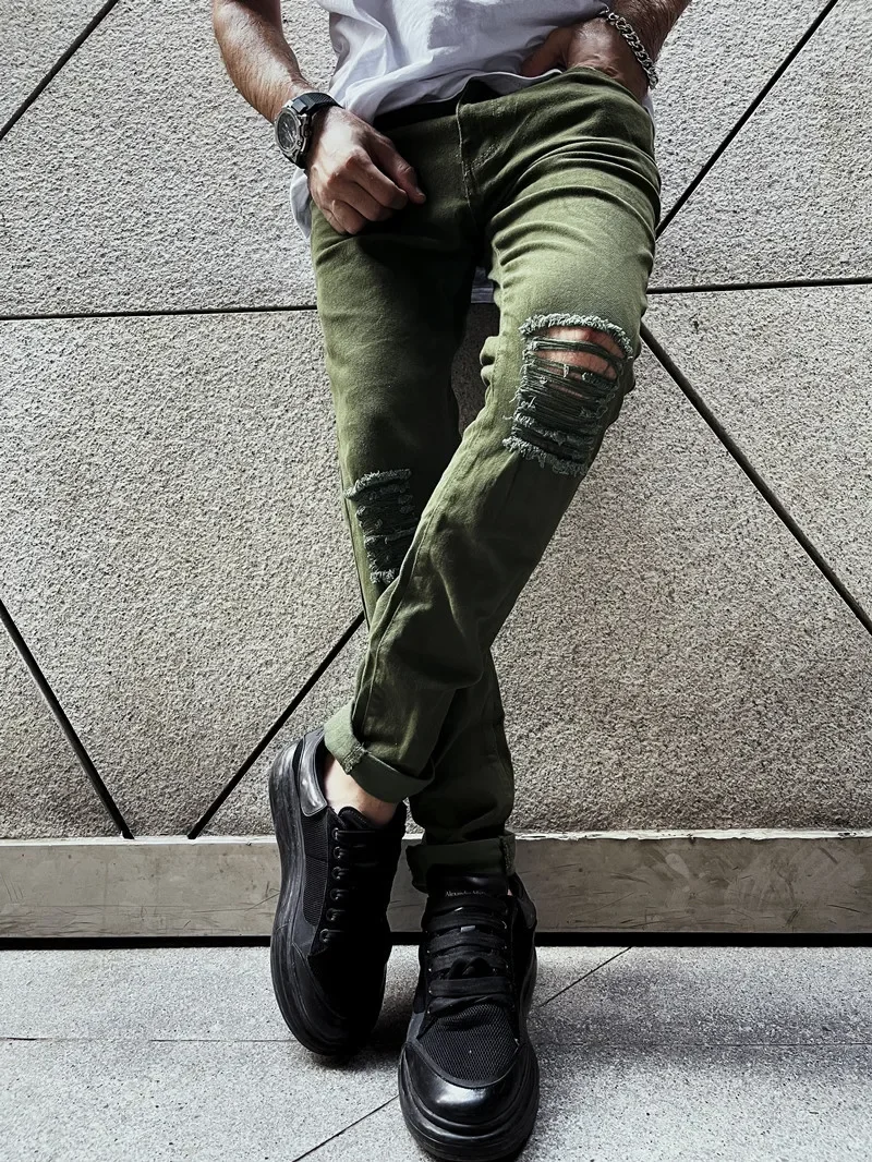 

Men's Beggar Ripped Jeans Cotton Pants Slim Fit Stretch Casual Army Green Denim Pants Youth Male Skinny Straight Cowboy Trousers