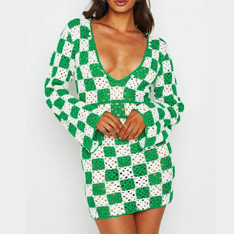 

FUFUCAILLM Women's Summer Knitting Dress Checkerboard Print Deep V-Neck Long Sleeve Crochet Hollow Out Backless Fashion Dresses
