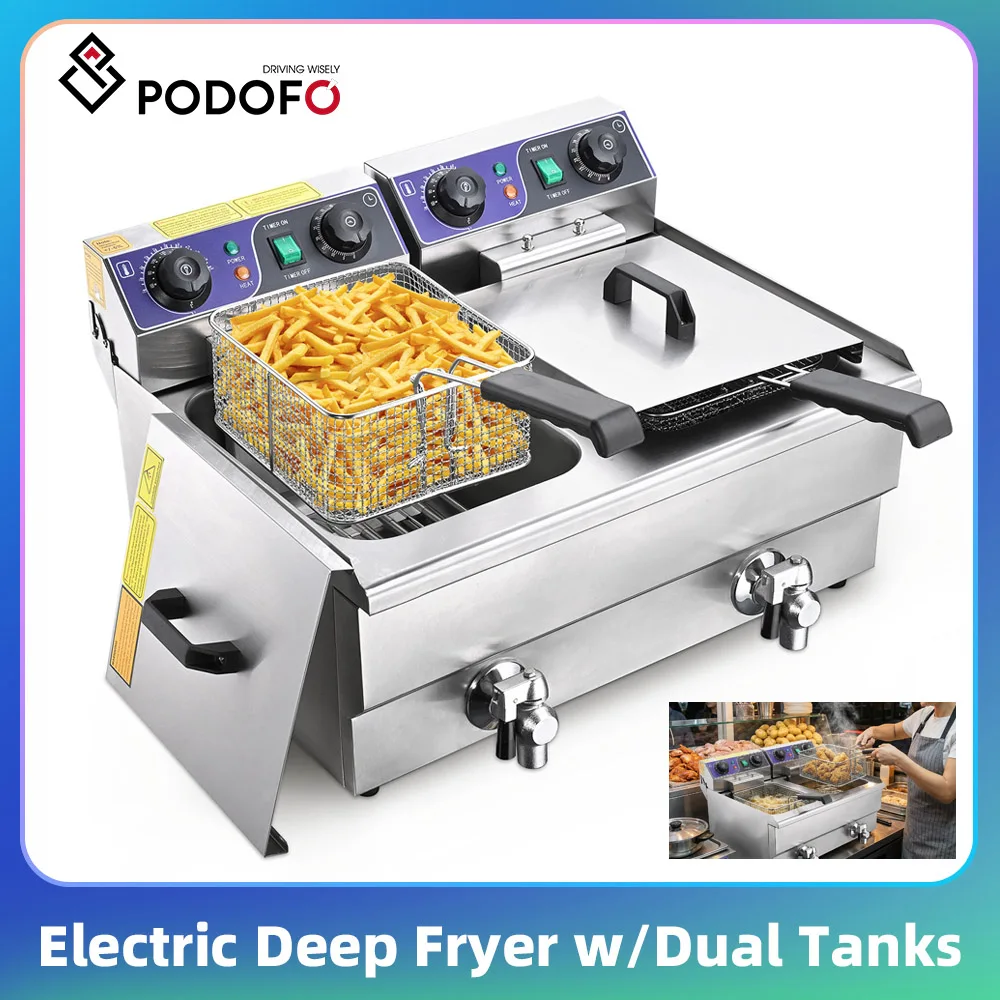 Friteuse Électrique Commerciale Podofo à Double Bac à Huile, Double Valve de Vidange, Minuteur, 3000W, 20L, en Acier Inoxydable, Double Cuve, Friteuse Submersible 1