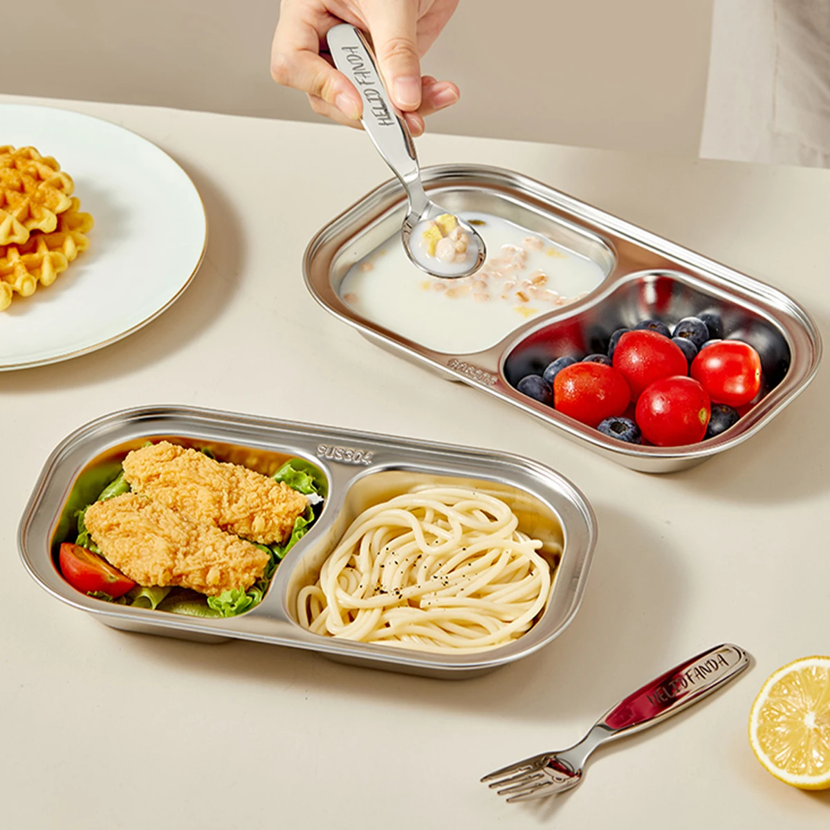 WORTHBUY 2 Compartments Kid Dining Plate 304 Stainless Steel Divided Dinner Plate Kitchen Cute Pattern Child Salad Dinner Tray
