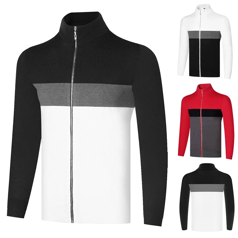 Men's Autumn And Winter Golf Knitted Coat Long Sleeve Sports Knitted Shirt Splicing Color Elastic Warm Fashion Ball Wear