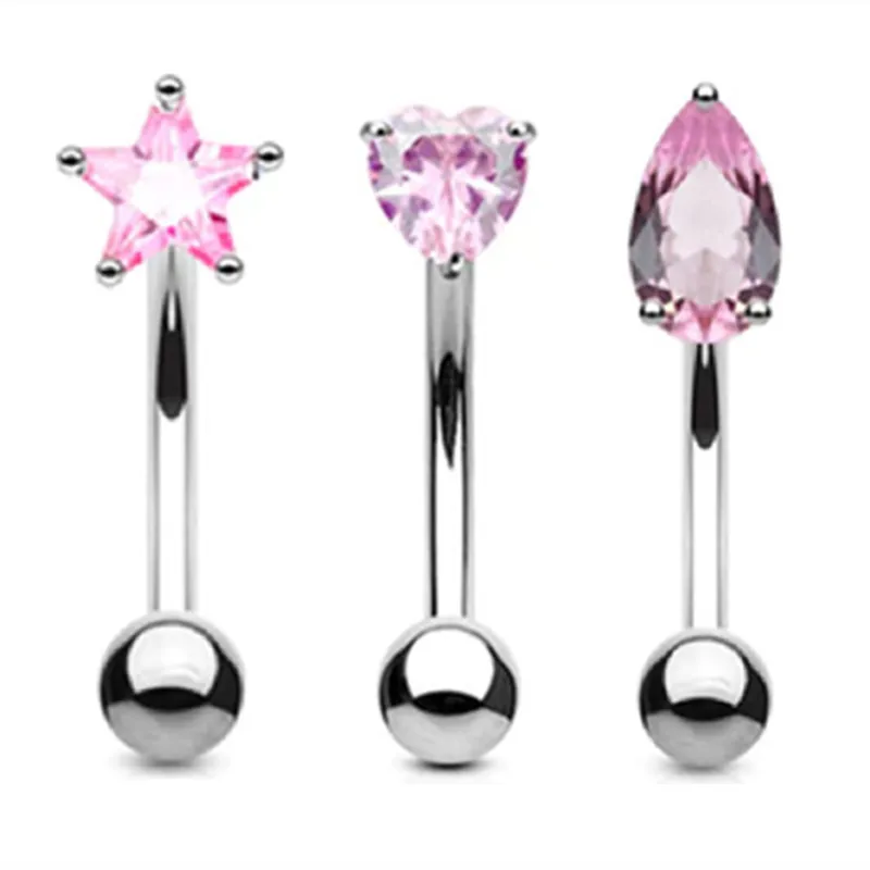 Elegant Heart Crystal Curved Barbell & CZ Star Eyebrow Ring Set - 3-Piece Collection