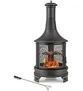 Giantex Outdoor Wood Burning Chiminea Fire Pit, 30 Inch Metal Fireplace w/Grill, Chiminea Cover &...