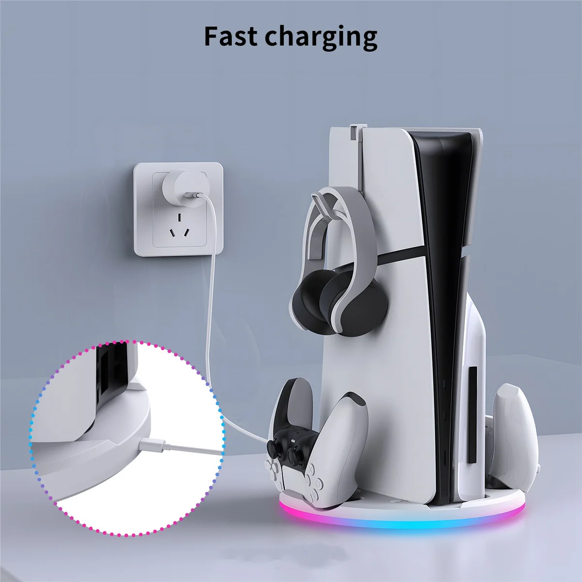 For PS5 slim Console Storage Dock with RBG Light Handle Dock Charger + Hook Multifunctional Convenient Console Dock-ABRJ