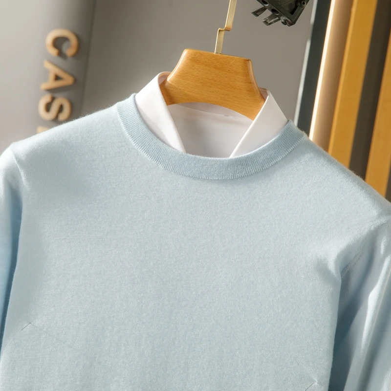 DjzDsm New Autumn And Winter Men's A-series 100% Pure Goat Cashmere Knitted Bottom Sweater Long Sleeved O-neck Casual Sweater 3