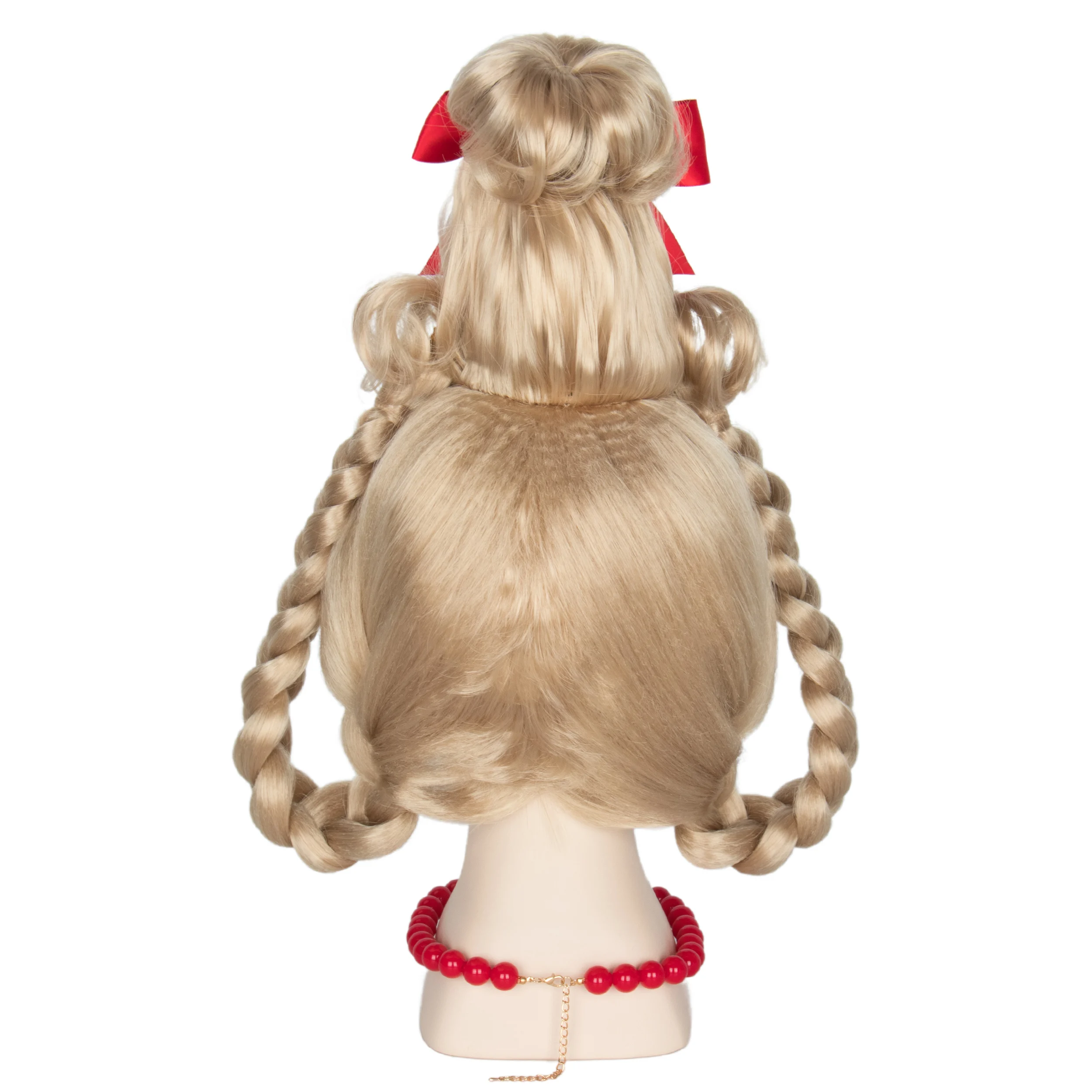 Miss U Hair Christmas Girl Wigs Long Blonde Braid Who Wig for Kids Children with Red Necklace and Ribbon Bow