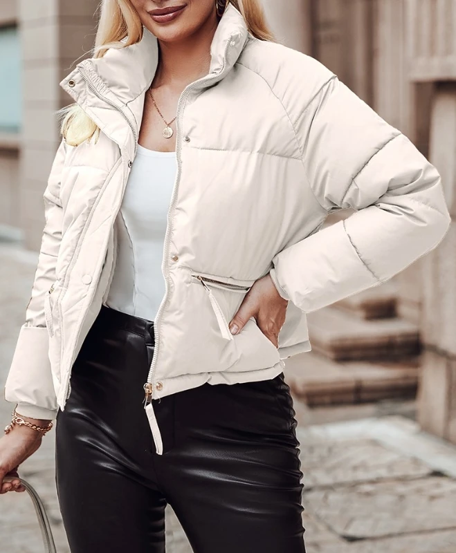 

Women's Jacket Autumn Winter Fashion Zipper Design Casual Stand Collar Plain Long Sleeve Daily Crop Baggy Puffer Jacket Coat