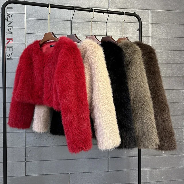 LANMREM Multicolour Round Collar Cardigan Women's Faux Fur Coat Long Sleeve Short Style Autumn Winter Thick Jackets Top 2DB4522