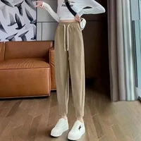 Fashion Trend Winter New Corduroy Pants Women Elastic High Waist Drawstring Casual Plus Velvet Loose Bound Feet Haren Trousers 2