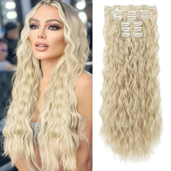 Extension per capelli con clip, 16 clip, 22 pollici, lunghe, effetto onda, per donna, extension per capelli sintetici per tutta la testa, parrucche.