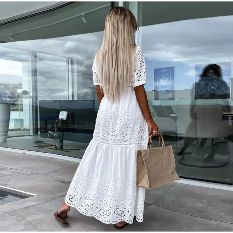 2023 New Style Dress Female White Hollow Embroidery Long Dresses Elegant Semi-turtleneck Short Sleeves Spring Summer Clothing