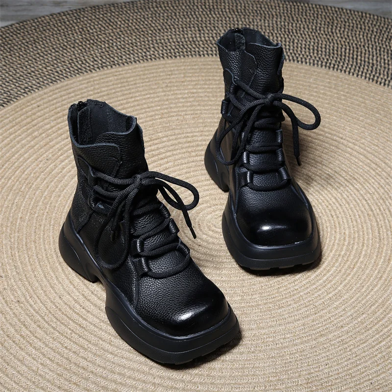 

Top layer cowhide retro Martin boots Women's autumn and winter square toe thick sole boots Lace up muffin boots