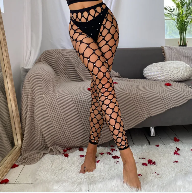 Sexy Jacquard Suspender Tights Cut Out Rhinestone Fishnet Pantyhose Women's Lingerie & Hosiery