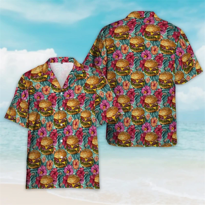 Hawaiian Burger Delicious 3D Printed Short Sleeve Shirts For Men Clothes Casual Hamburger Food Women Blouses Cute Beach Shirt 3