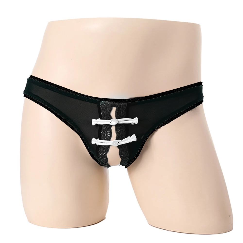 

Sexy Men Ultra Thin Mesh See Through Briefs Hollow Out Crotchless Panties Chinese Button Lace Underpants Erotic Underwear