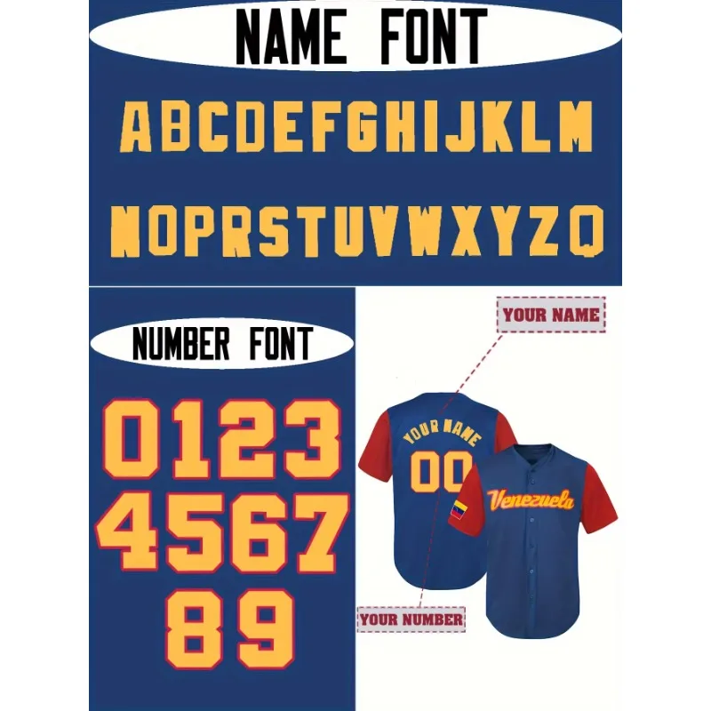 Personalized Baseball Jersey Custom Name&Number Embroidery Comfortable Short Sleeve Loose Breathable Shirts For Venezuela Fans 2