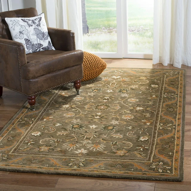 Carmella Floral Bordered Wool Area Rug, Olive/Gold, 3' x 5