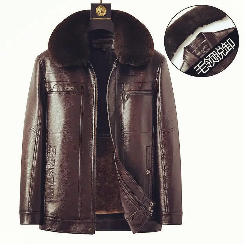 Natural Leather Jacket For Men Fur Thick Loose Plus Velvet Winter Black Leather Coats Male Sheepskin Coat Man With Fur Collar