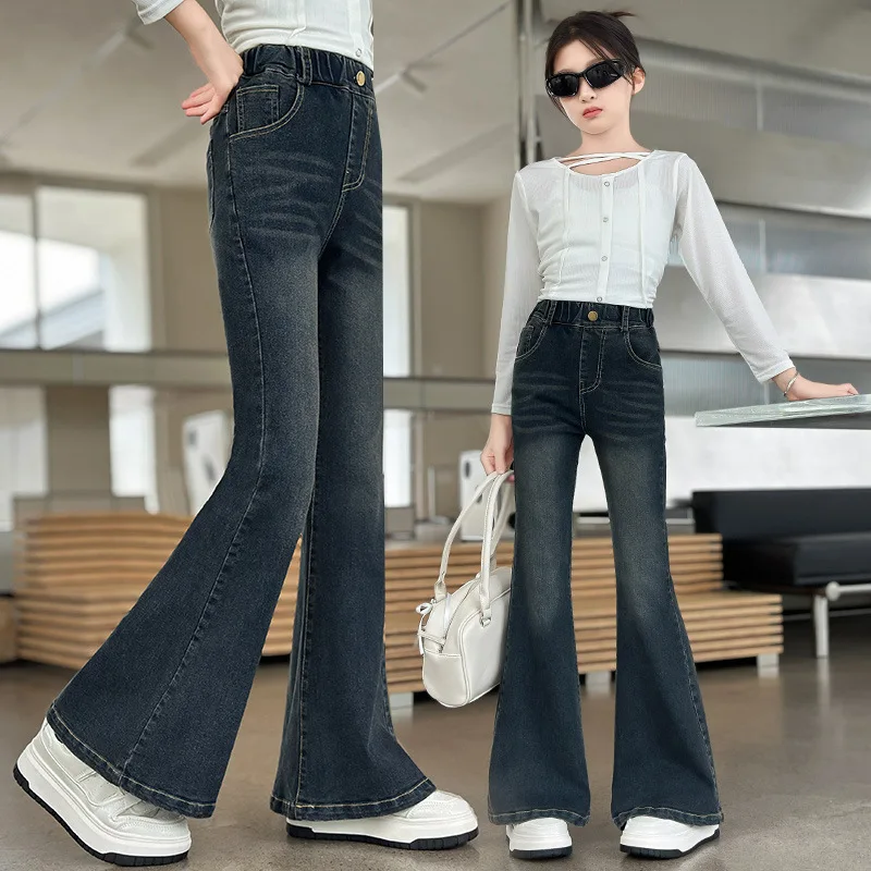 Child Vintage Dark Blue Stretch Flare Jeans for Tween Girl Slim Fit Bell-Bottom Denim Pants Kids Teenager Bootcut Jeans Trousers