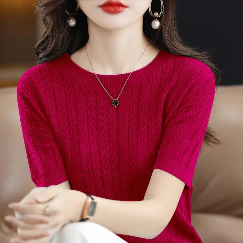 용수철 여름 여성용 반팔 스웨터, 한국 패션 니트웨어, 슬림핏 보터밍 셔츠, 캐주얼 O-넥 풀오버 니트 탑