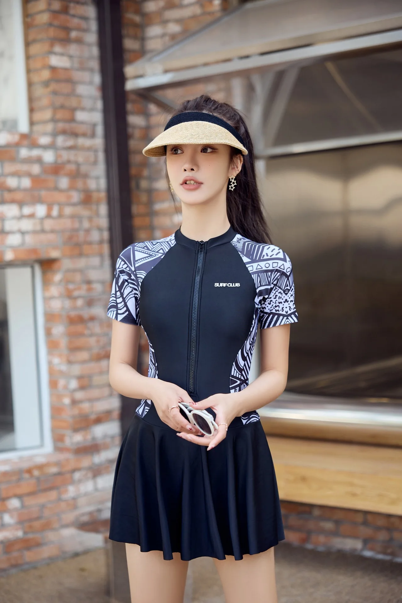 Women's Sexy One Piece Swimsuit Short Sleeve Swimwear Bodysuit Bathing Swimming Suits Beach Mini Dress Summer Holiday Fashion