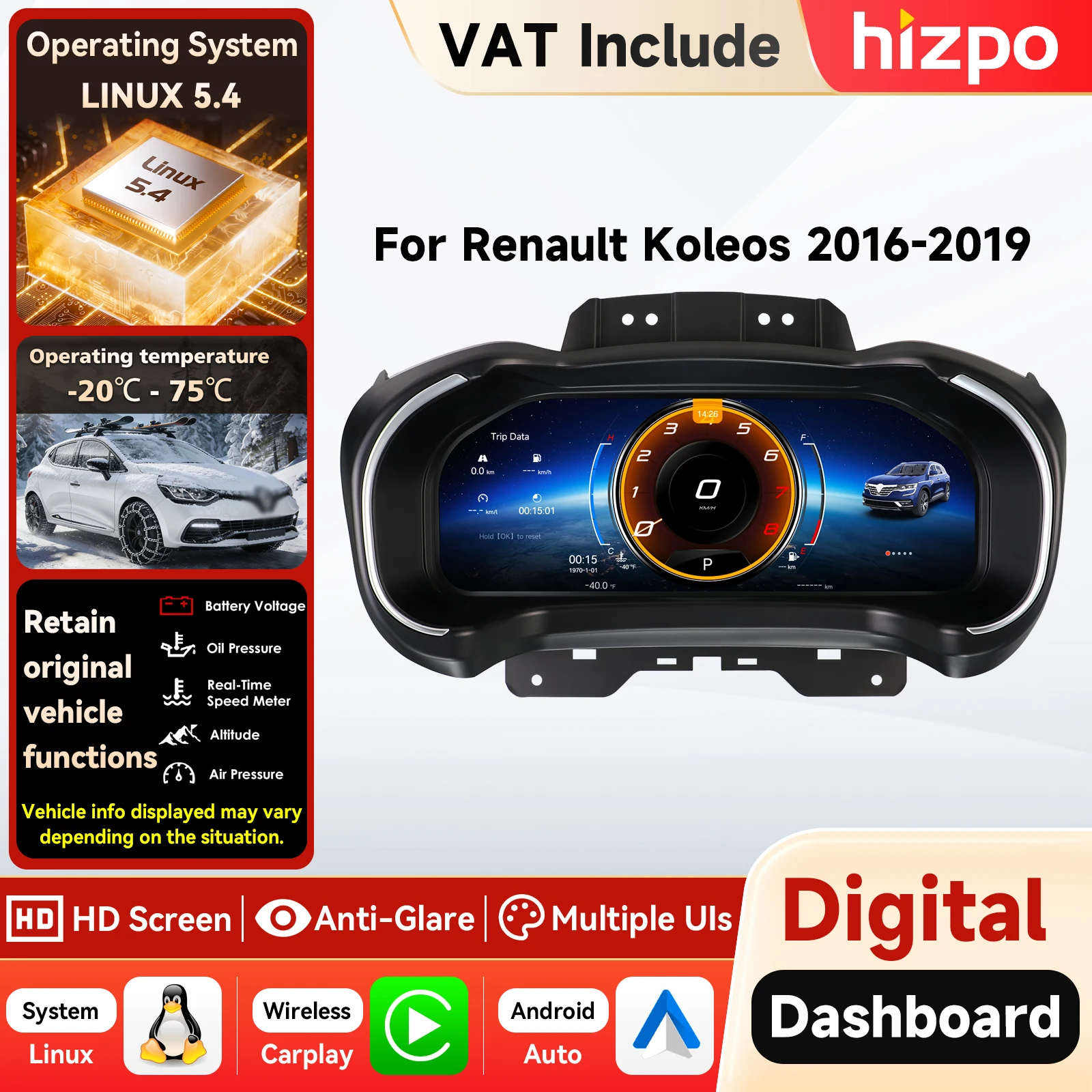 Hizpo - Panel de Instrumentos Digital para Automóvil con Pantalla LCD de 12.3'' y Sistema Linux 5.4 para Renault KOLEOS 2016-2019, Compatible con Carplay y Android Auto, Velocímetro, Pantalla de Instrumentos, Entrada HDMI, Sistema de Medición Inteligente para Automóvil, Cabina Virtual 1