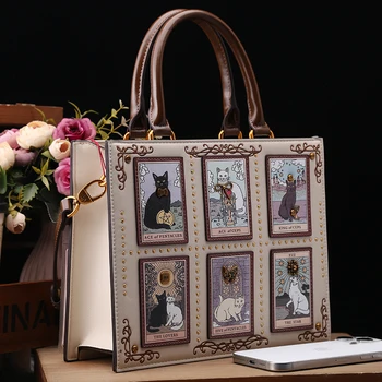 Vintage Luxury Embroidered Cat Print Tote Bag – Large Capacity 1