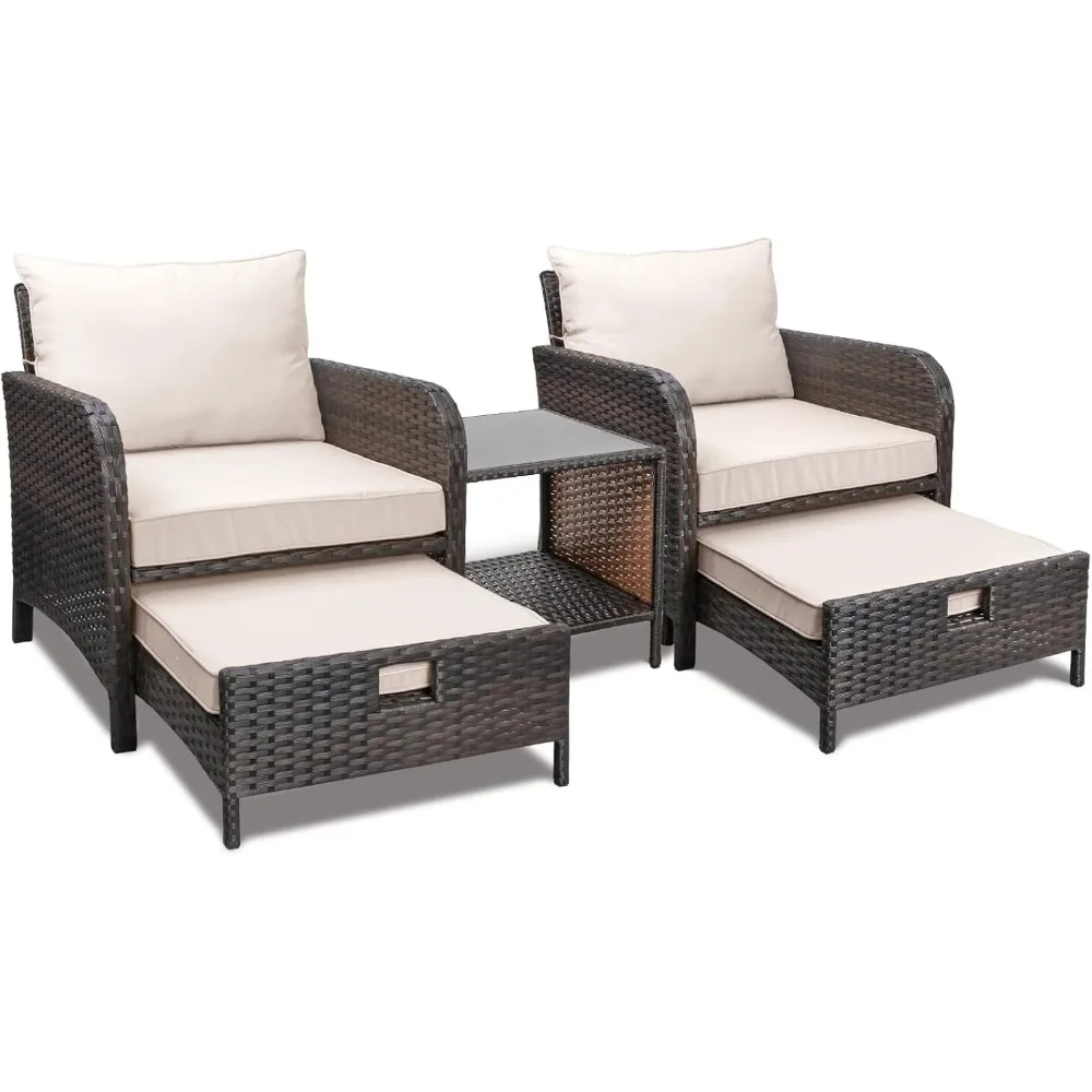 Piece Patio Conversation Set, PE Wicker Rattan Outdoor Lounge Chairs with Soft Cushions 2 Ottoman&Glass Table, Garden Sofas 3