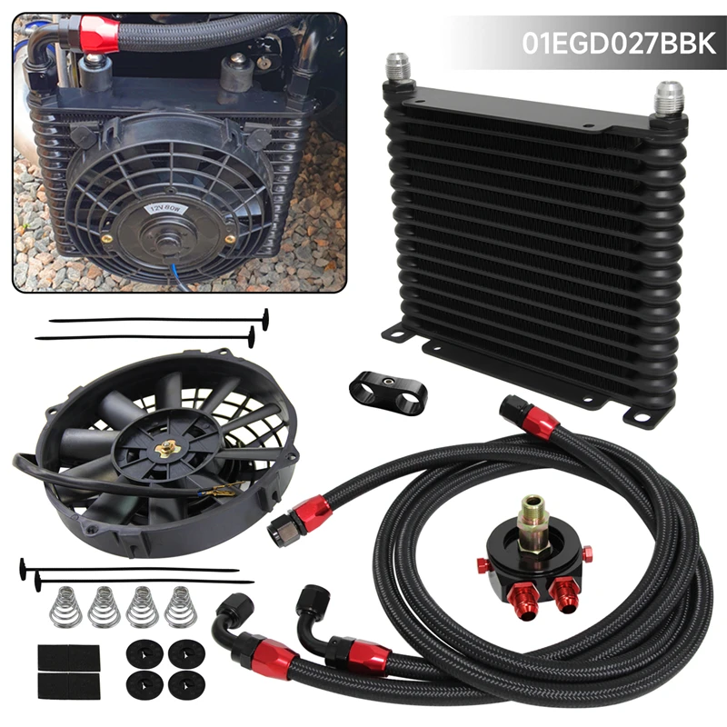

Uinversal 32mm 15 Row AN8 3/4"-16 UNF Aluminum Engine 226MM Oil Cooler Kit + Oil Filter Adapter + 7" Electric Fan For bmw e53